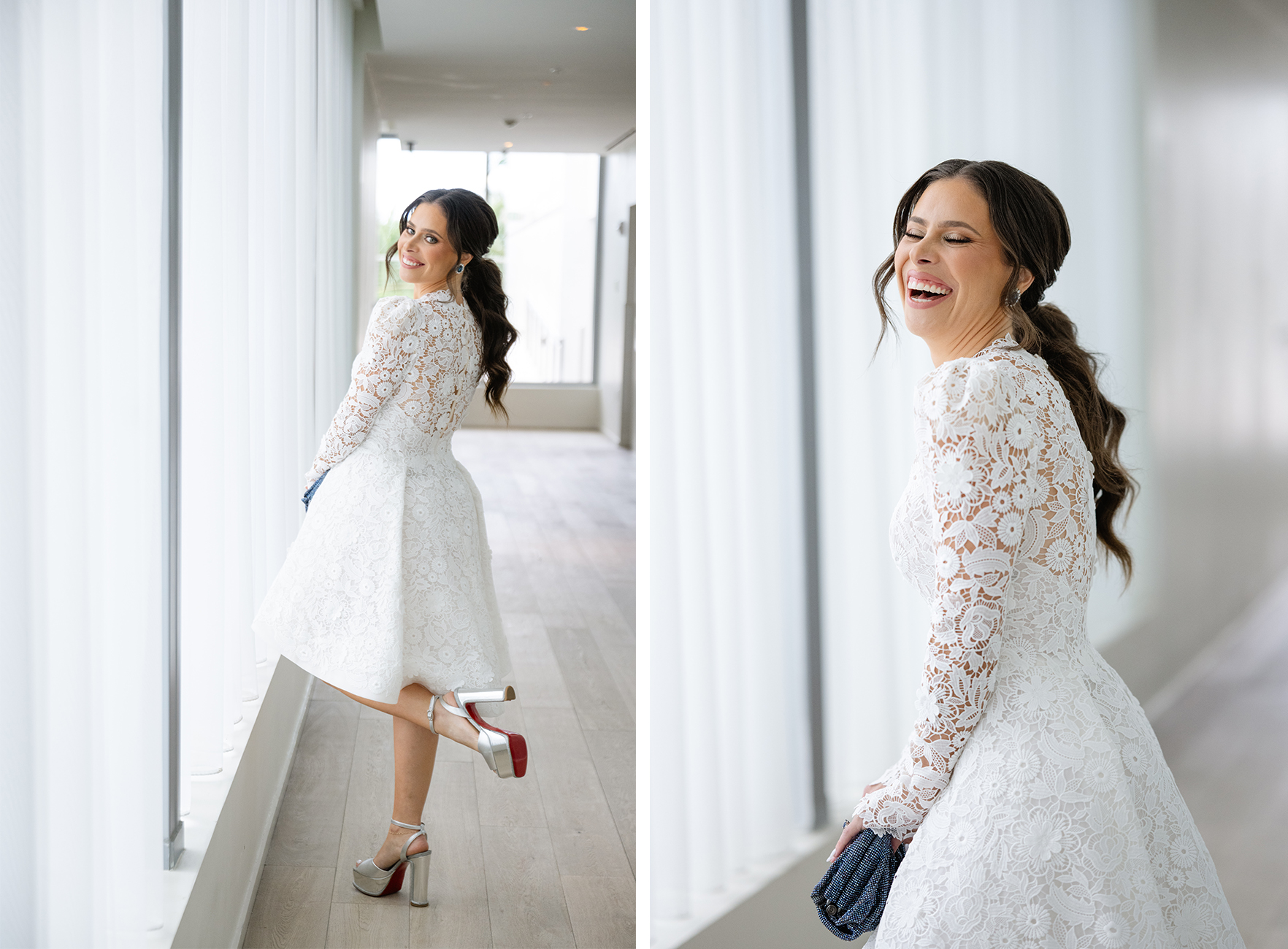 Another stunning bride graces the occasion of their rehearsal dinner in an elegant A-line semi-formal white dress. The dress features exquisite lace details, reaching knee-length for a sophisticated look. <yoastmark class=