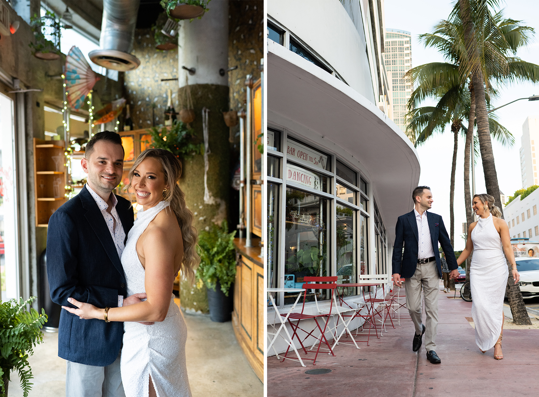 Shaina and Andrew look great together in outfits that match the vibe of their city rehearsal dinner. 